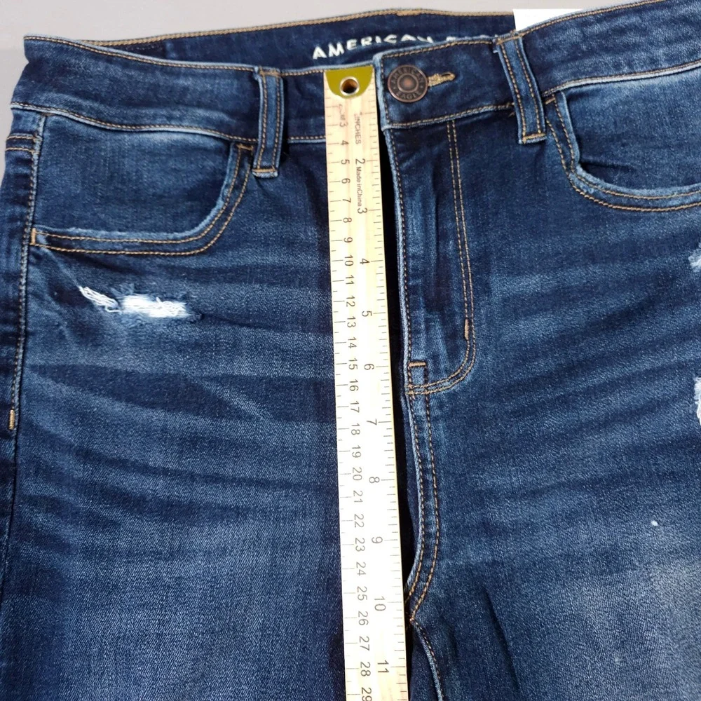 American Eagle Hi-Rise Jegging Womens 10 Long‎ Dark Blue Distressed Shredder New